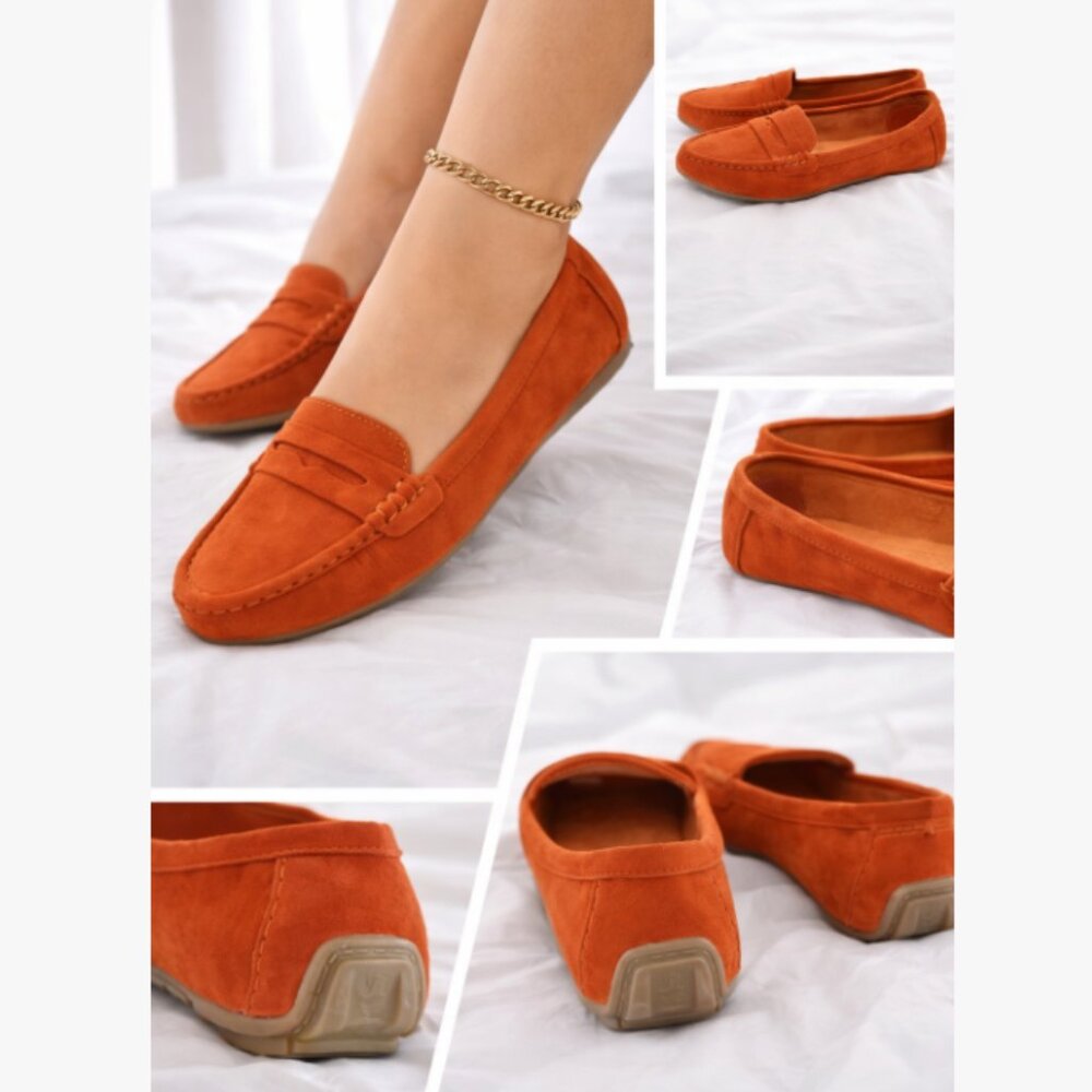 Orange Suede Loafers Women 8.5 Slip On Flats Driving Moccasins Casual Comfort